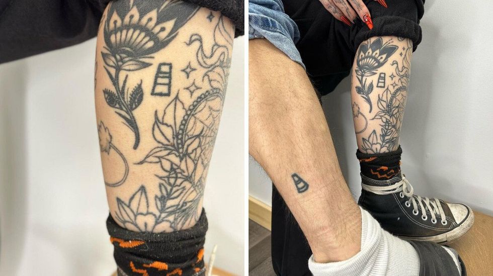 Jambe remplie de tattoos sur fond blanc. droite : deux jambes avec un petit tattoo de c\u00f4ne similaire.