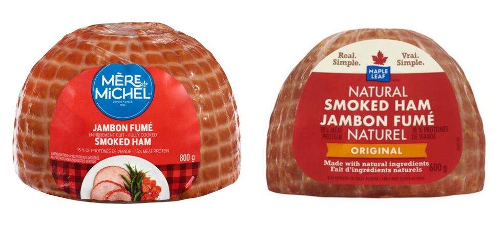 Jambon fum\u00e9 m\u00e8re Michel. Droite : Jambon fum\u00e9 Maple Leaf.