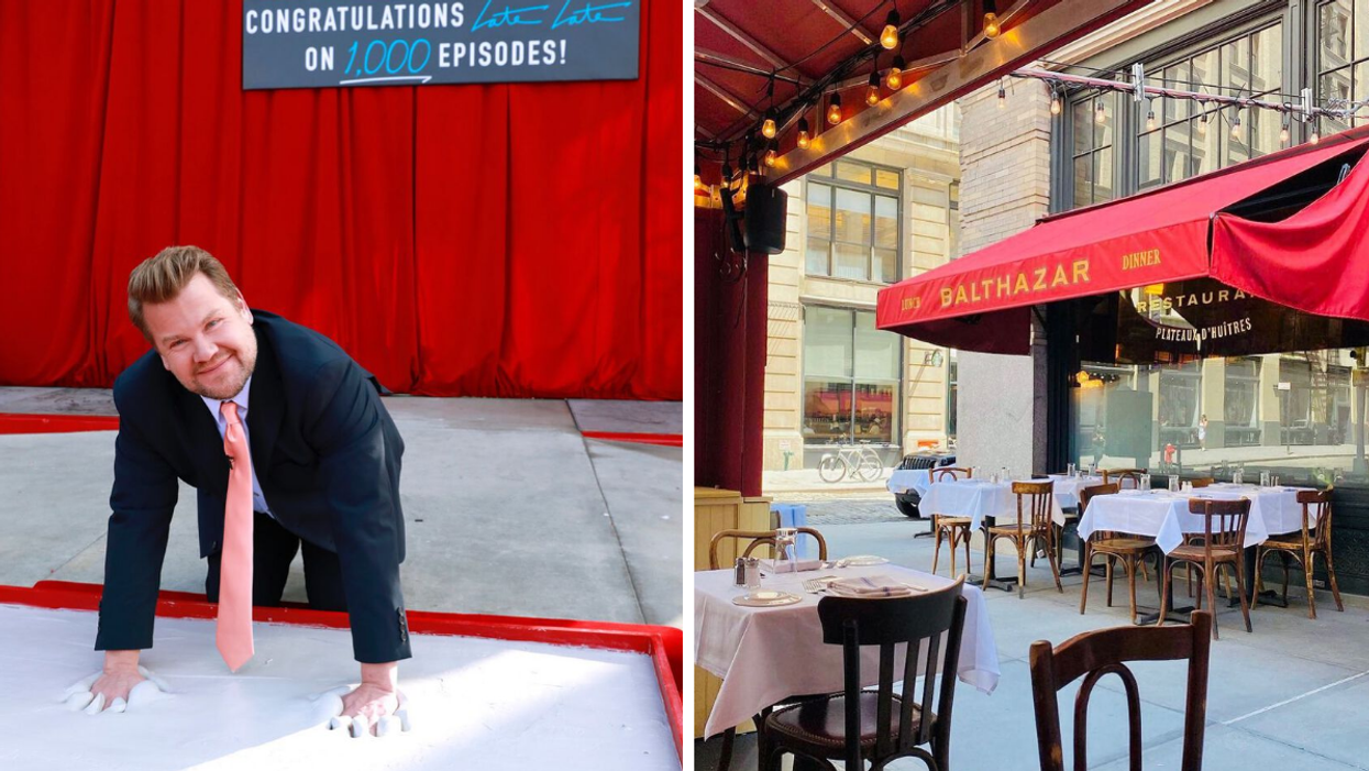 James Corden with his hands in the concrete. Right: The Balthazar restaurant in New York.