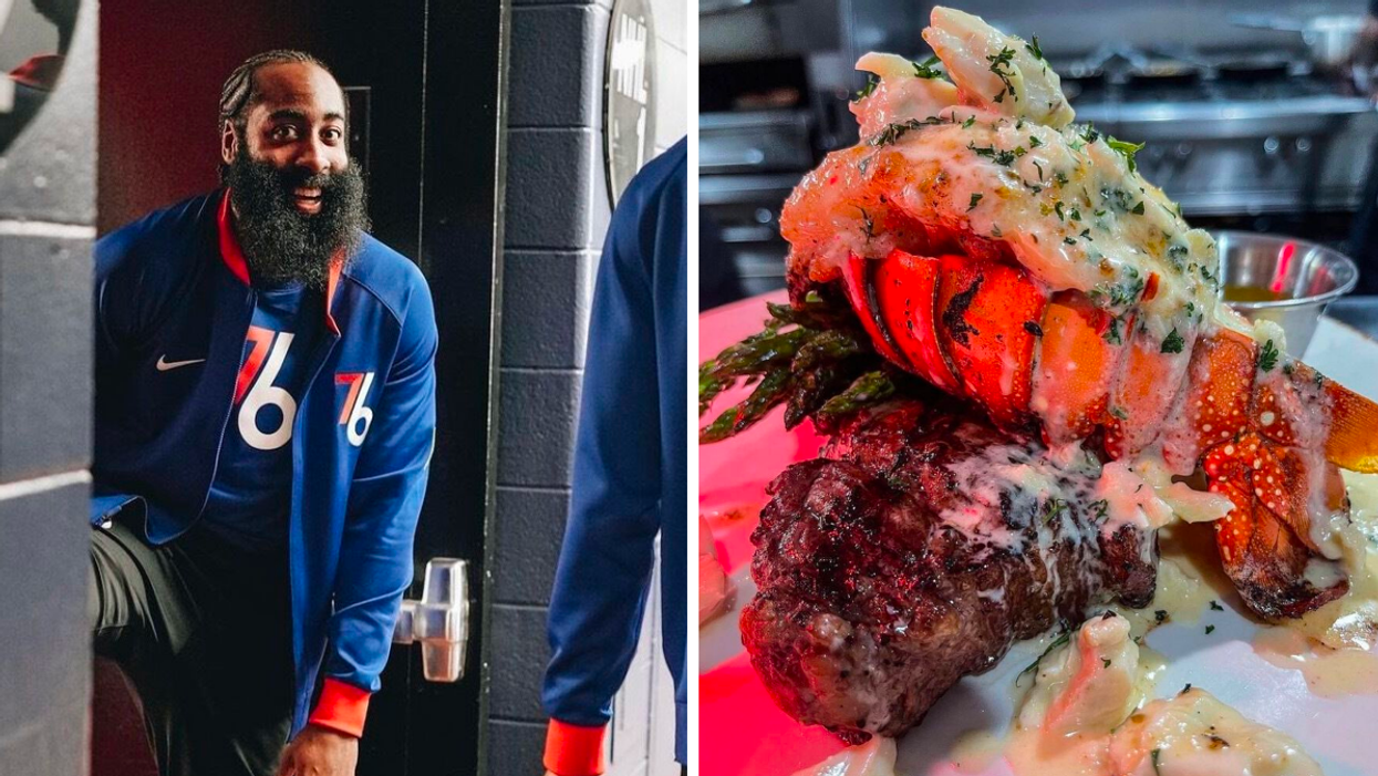 James Harden in a 76ers outfit. Right: A plate of food from THIRTEEN by James Harden.