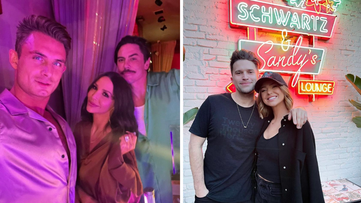 James Kennedy, Scheana Shay, and Tom Sandoval. Right: Tom Schwartz and Raquel Leviss.