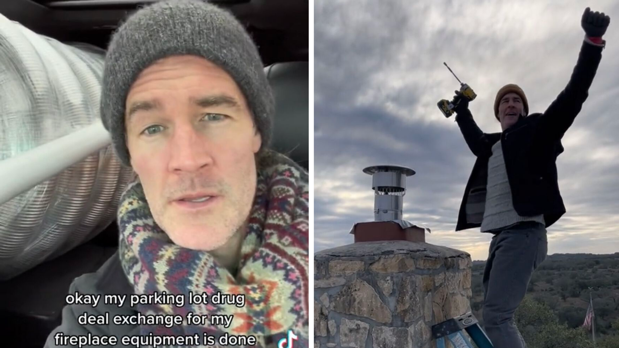 James Van Der Beek in a beanie and scarf. Right: Van Der Beek fixing his chimney.