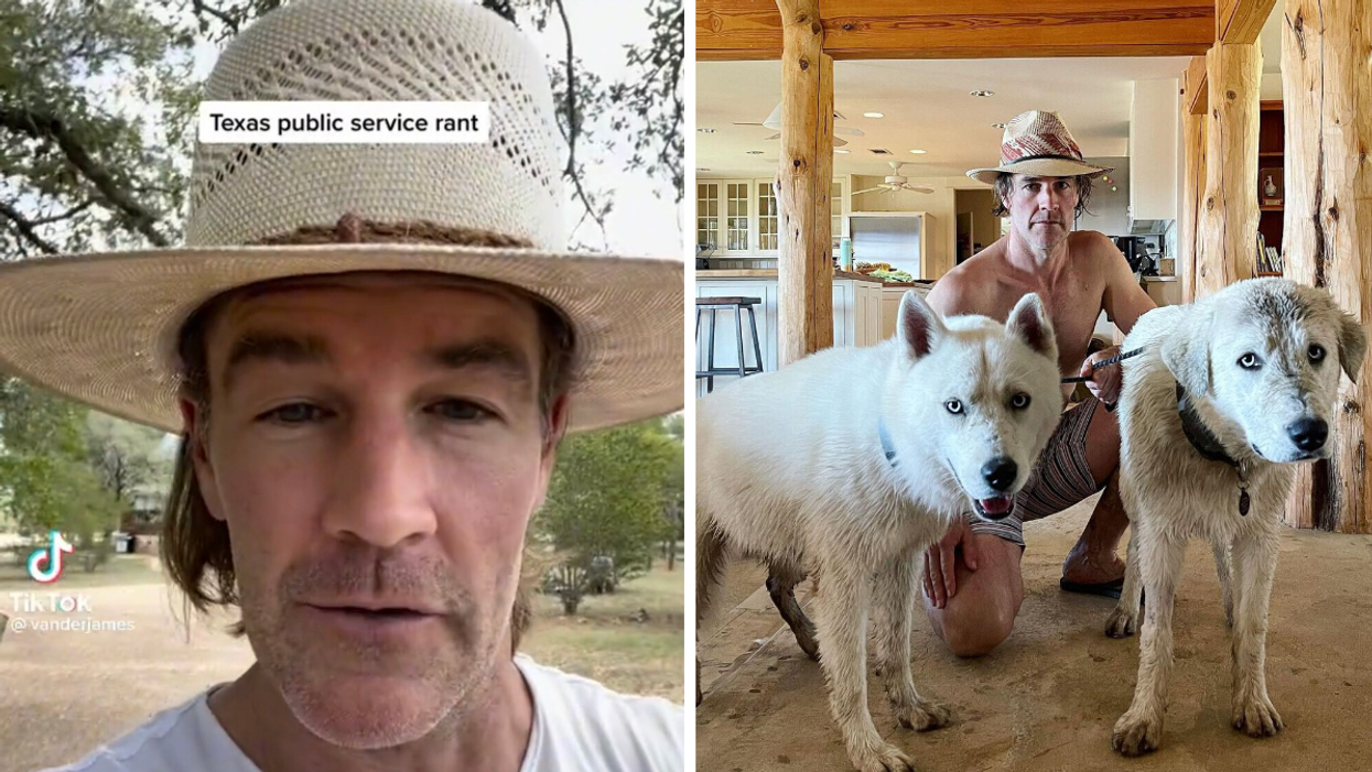 James Van Der Beek in a recent TikTok video he made about Texas. Right: Van Der Beek in Texas with his dogs.