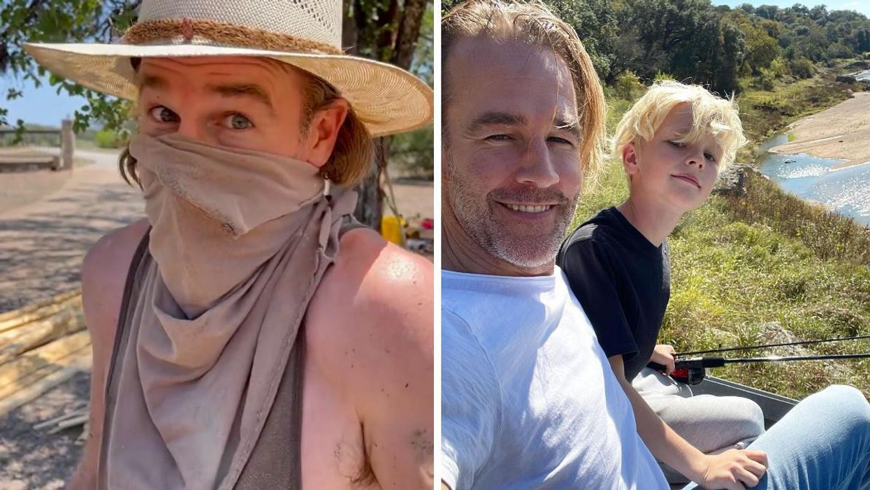 James Van Der Beek in a video working on a project on his Texas ranch. Right: Van Der Beek and his son fishing in Texas.