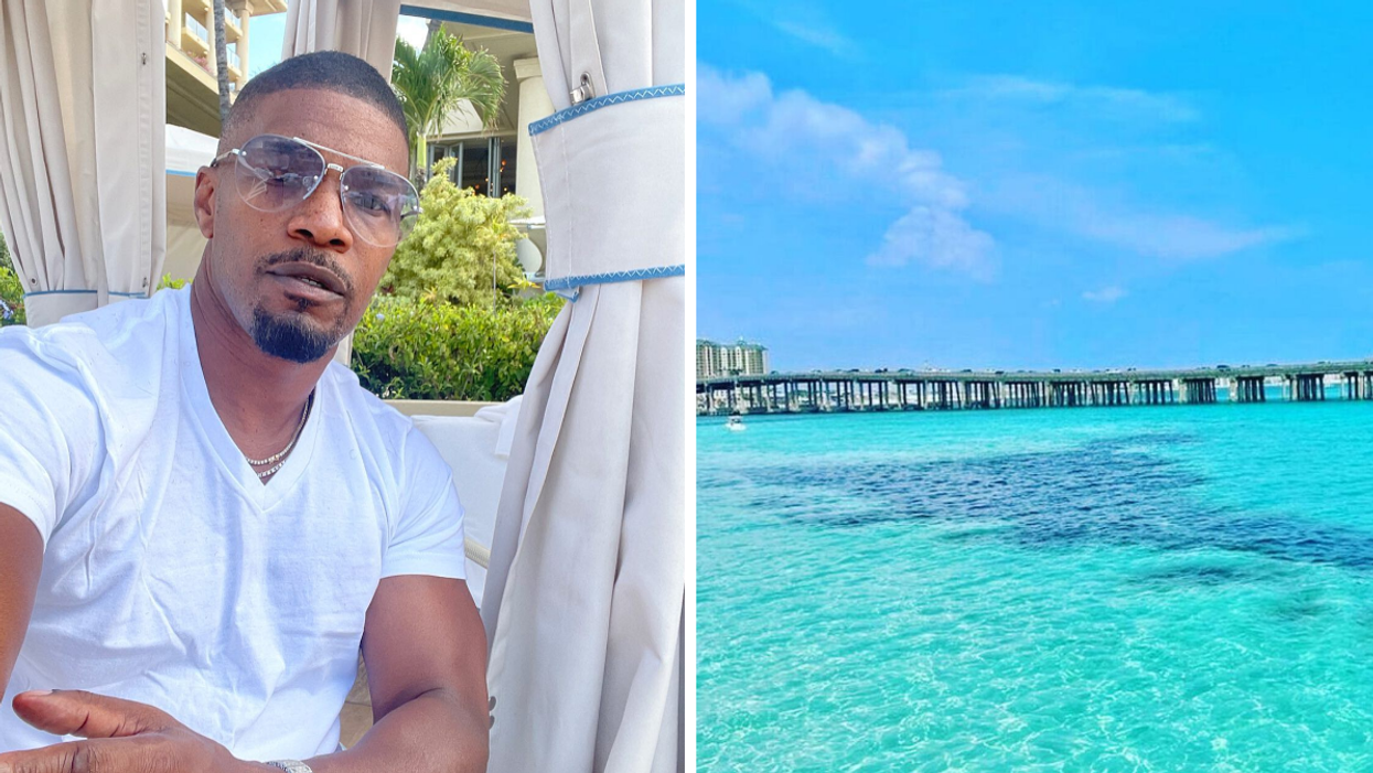 Jamie Foxx. Right: Crab Island in Destin, Florida.