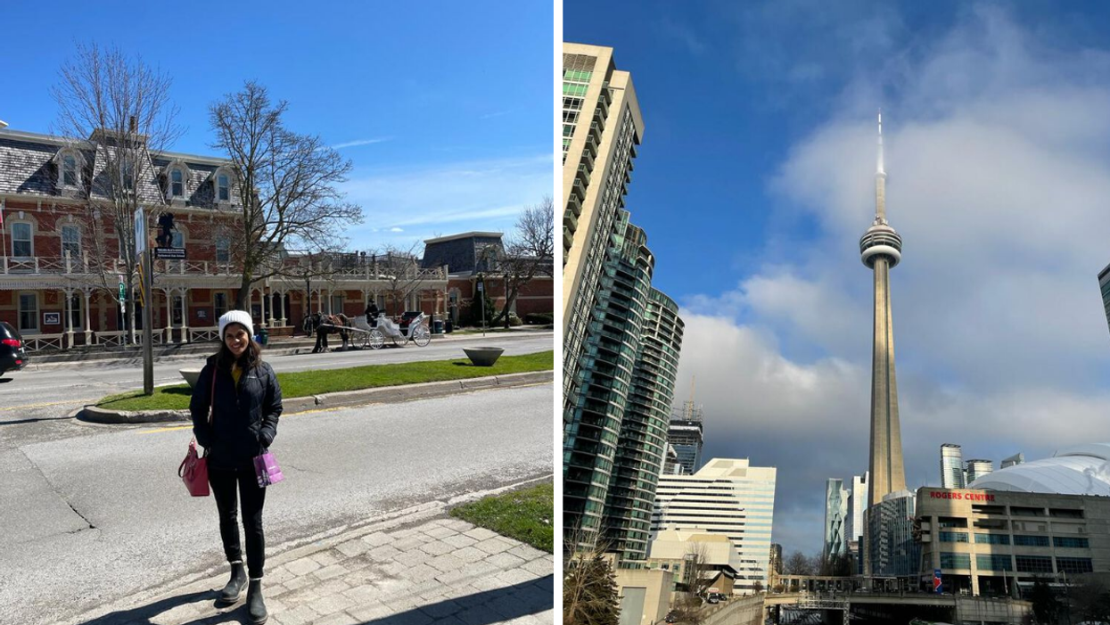 Janice Rodrigues at Niagara-on-the-Lake. Right: The CN Tower in Toronto.