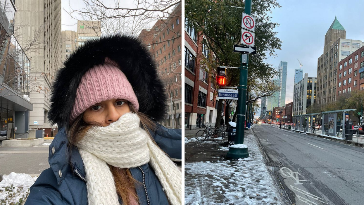 Janice Rodrigues bundled up. Right: A snowy street in Toronto.