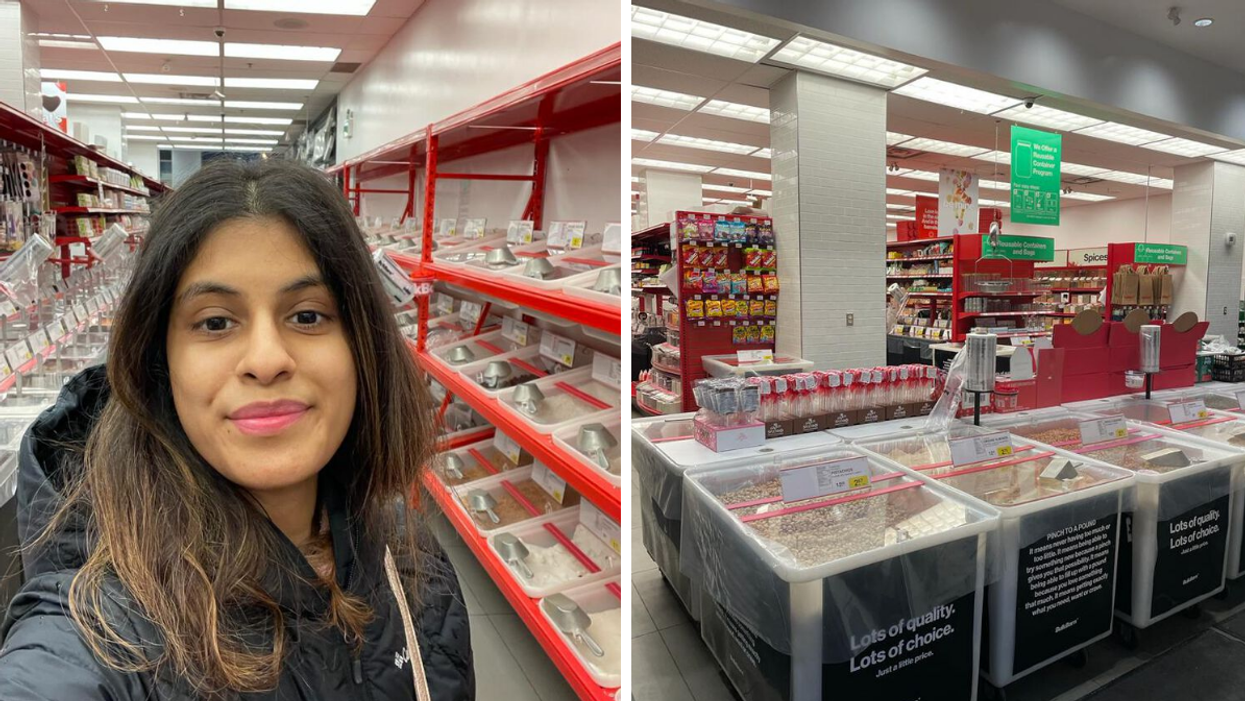 Janice Rodrigues in a Bulk Barn store. Right: A Bulk Barn in Toronto.