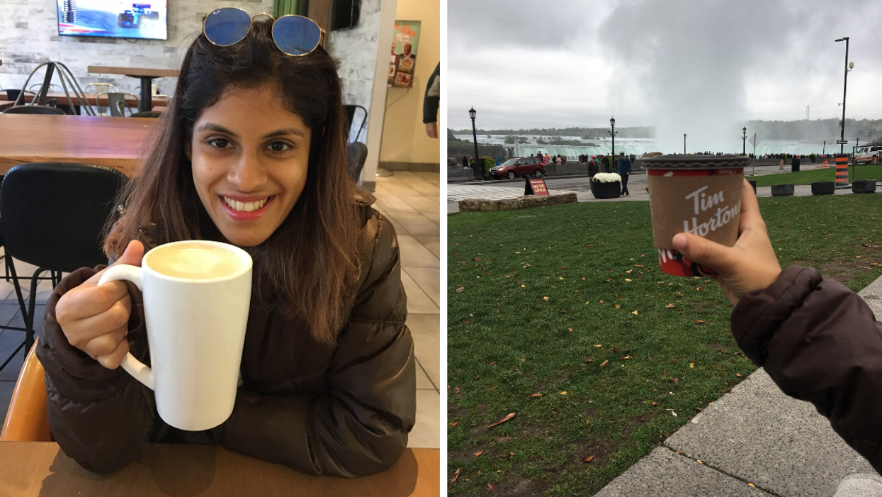 Janice Rodrigues in Canada. Right: Janice holding a Tim Hortons coffee.