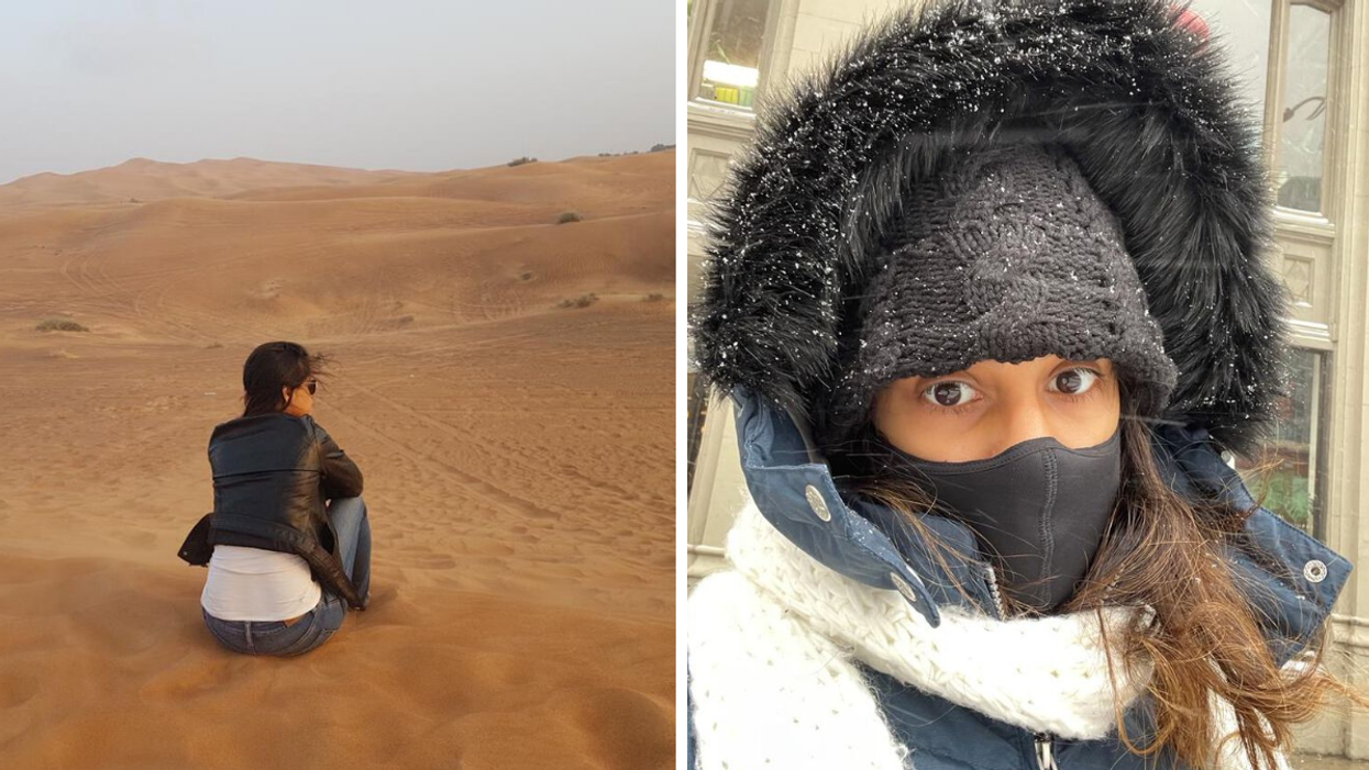 Janice Rodrigues in Dubai. Right: wearing winter gear during a snowstorm in Canada.