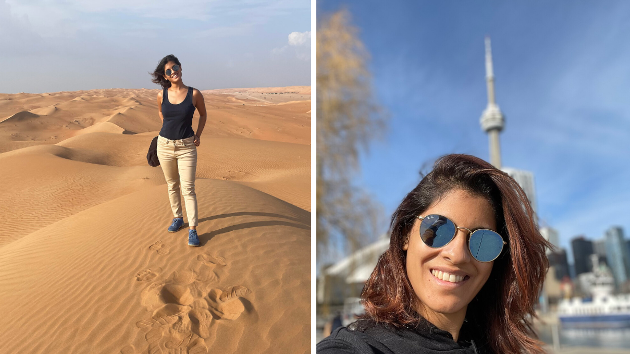 Janice Rodrigues in Oman in 2021. Right: Posing with the CN Tower in Toronto in 2022.