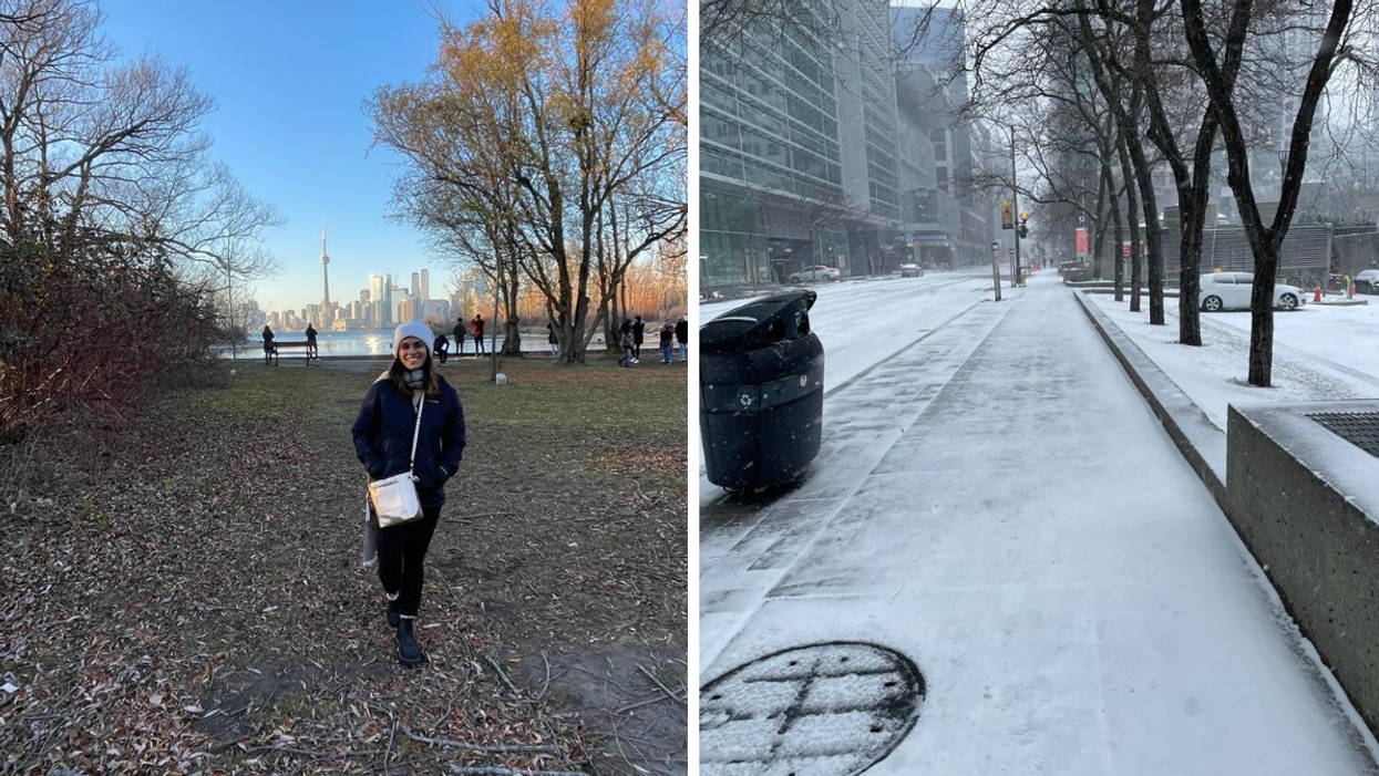 Janice Rodrigues in Toronto. Right: A snowy street in downtown Toronto.