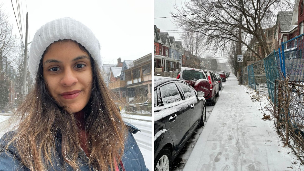 Janice Rodrigues. Right: A snowy street in Toronto.