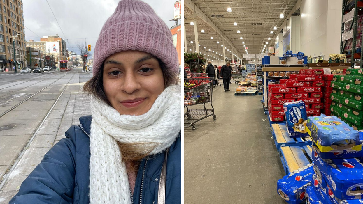 Janice Rodrigues. Right: Inside a Costco in Canada.