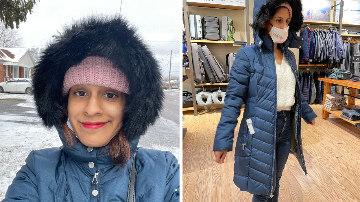 Janice Rodrigues taking a selfie. Right: Janice Rodrigues buying a winter coat.