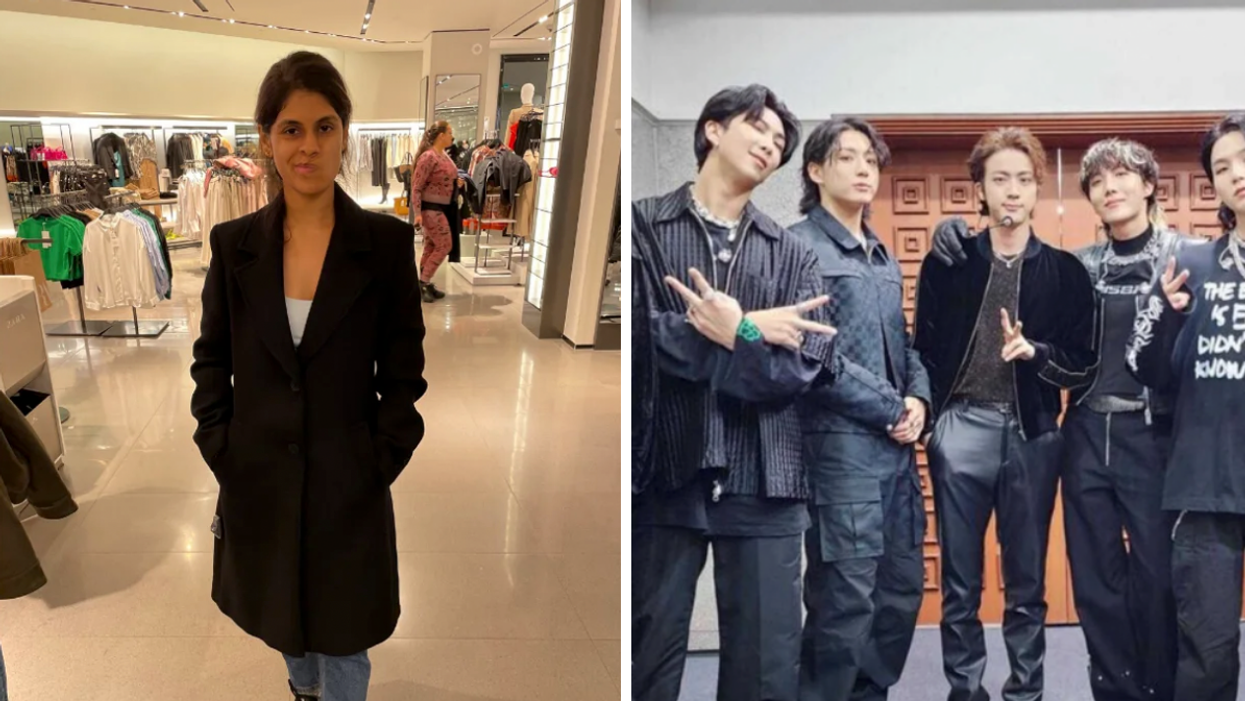 Janice Rodrigues trying on jackets. Right: Members of South Korean boyband BTS.