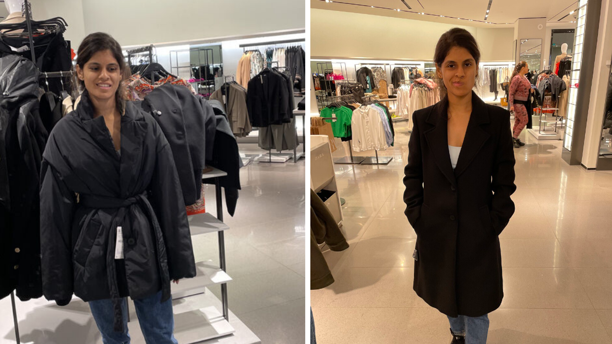 Janice Rodrigues trying on jackets.