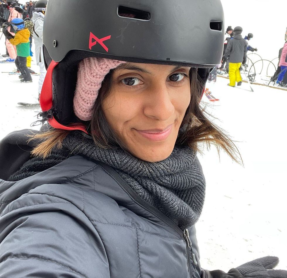Janice Rodrigues trying skiing for the first time.