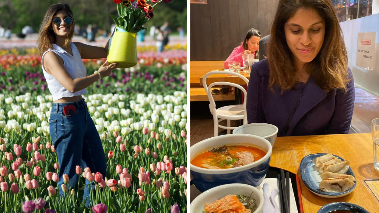 Janice Rodrigues trying tulip picking for the first time. Right: A ramen restaurant in Toronto.