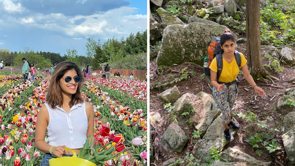 Janice Rodrigues tulip picking. Right: Trying her first backpacking experience.