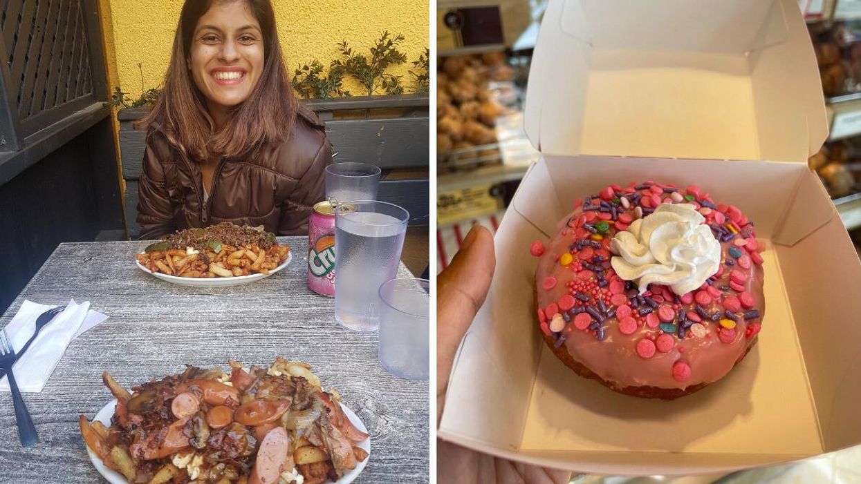 Janice Rodrigues with poutine from Montreal's La Banquise. Right: A Tim Hortons Birthday Cake Confetti Dream donut