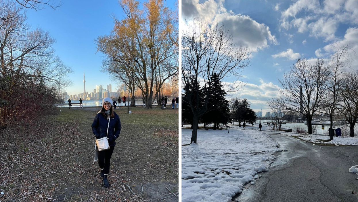 Janice Rodrigues with the CN Tower in the background. Right: snow by the water in Toronto.