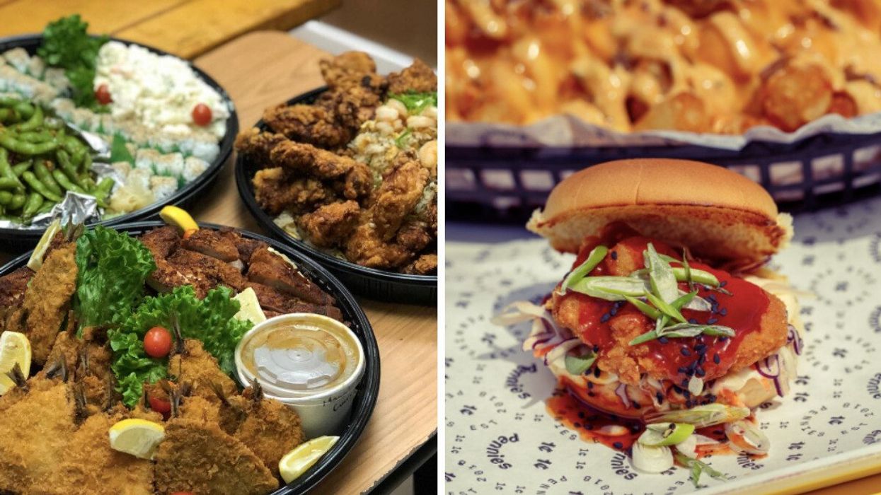 Japanese food platter. Right: Korean fried chicken slider.