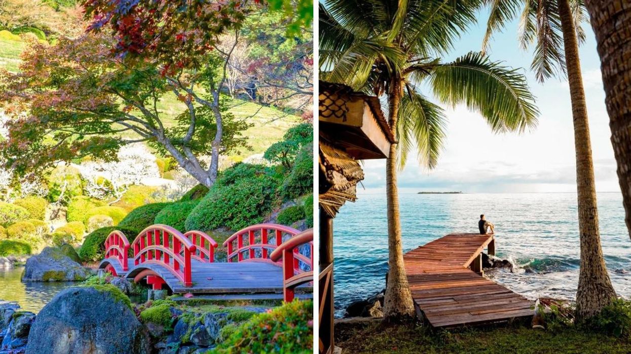 Japanese garden with a bridge going over water. Right: A person sitting at the end of a dock over the ocean in Samoa.