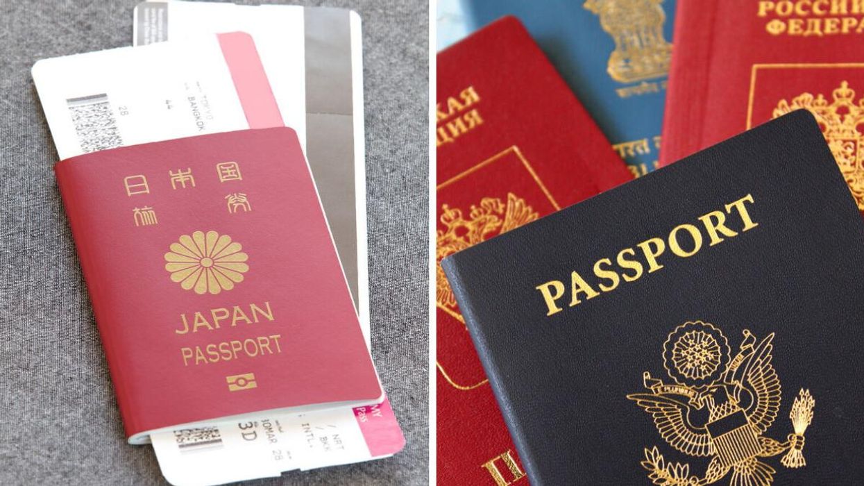 Japanese passport. Right: Passports from around the world.
