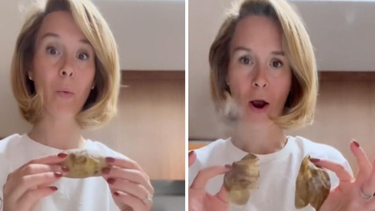 Jaques holding a potato. Right: Jaques holding the skin of a potato.