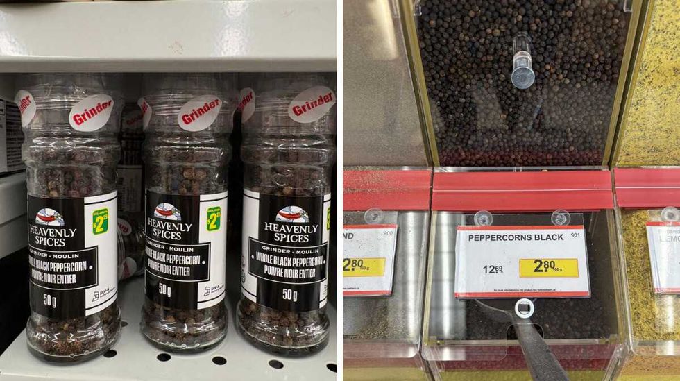 jar of Black peppercorns at Dollarama. Right: bin of Black peppercorns at Bulk Barn