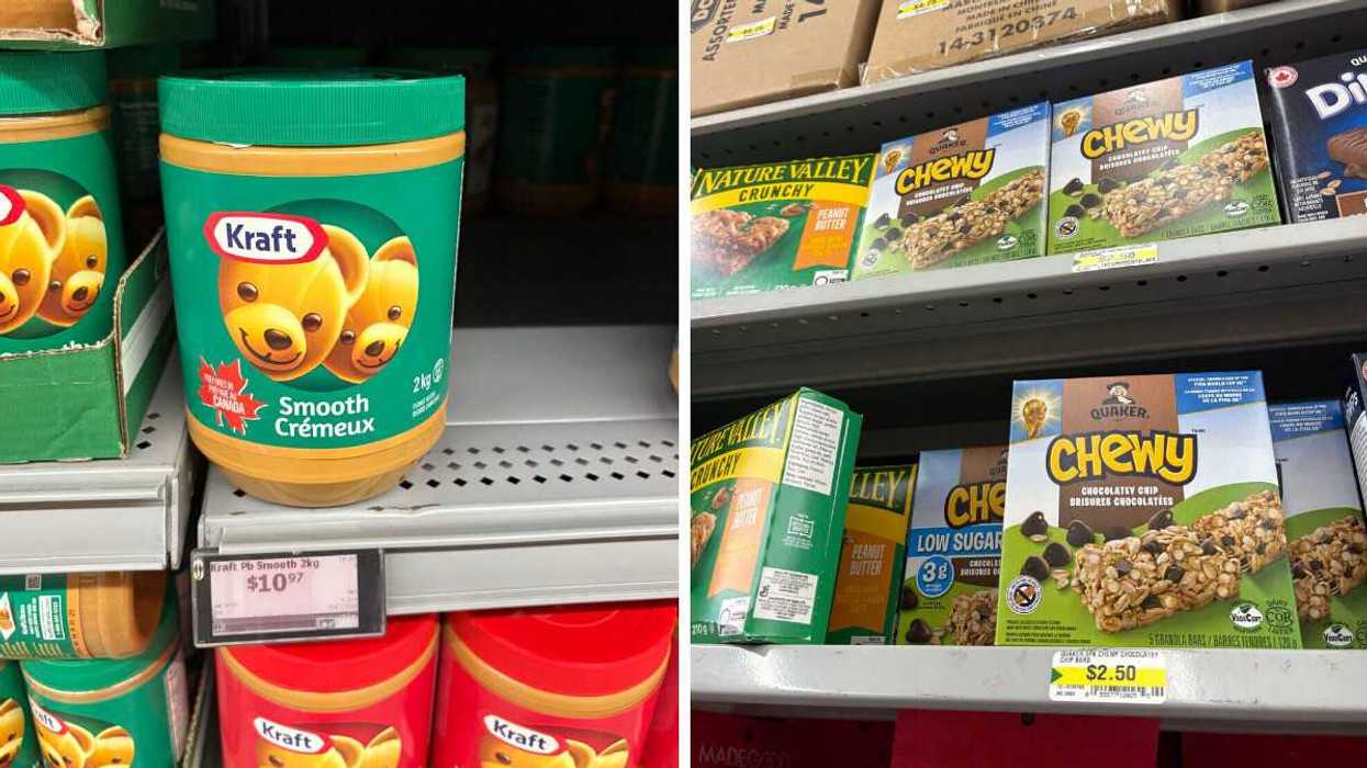 jar of kraft peanut butter on shelf at walmart. right: boxes of chewy granola bars on shelves at dollarama