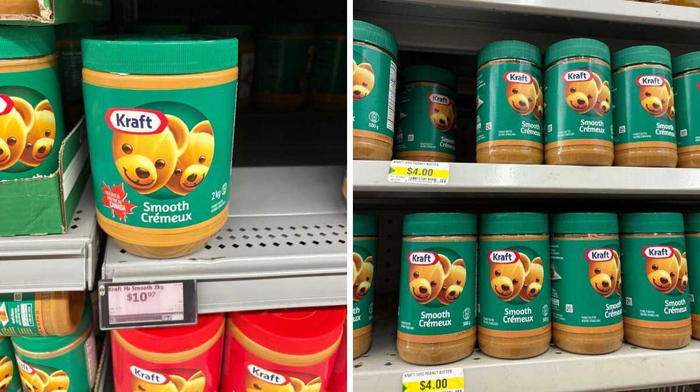 jar of \u200bKraft peanut butter at Walmart. Right: jars of Kraft peanut butter at Dollarama.