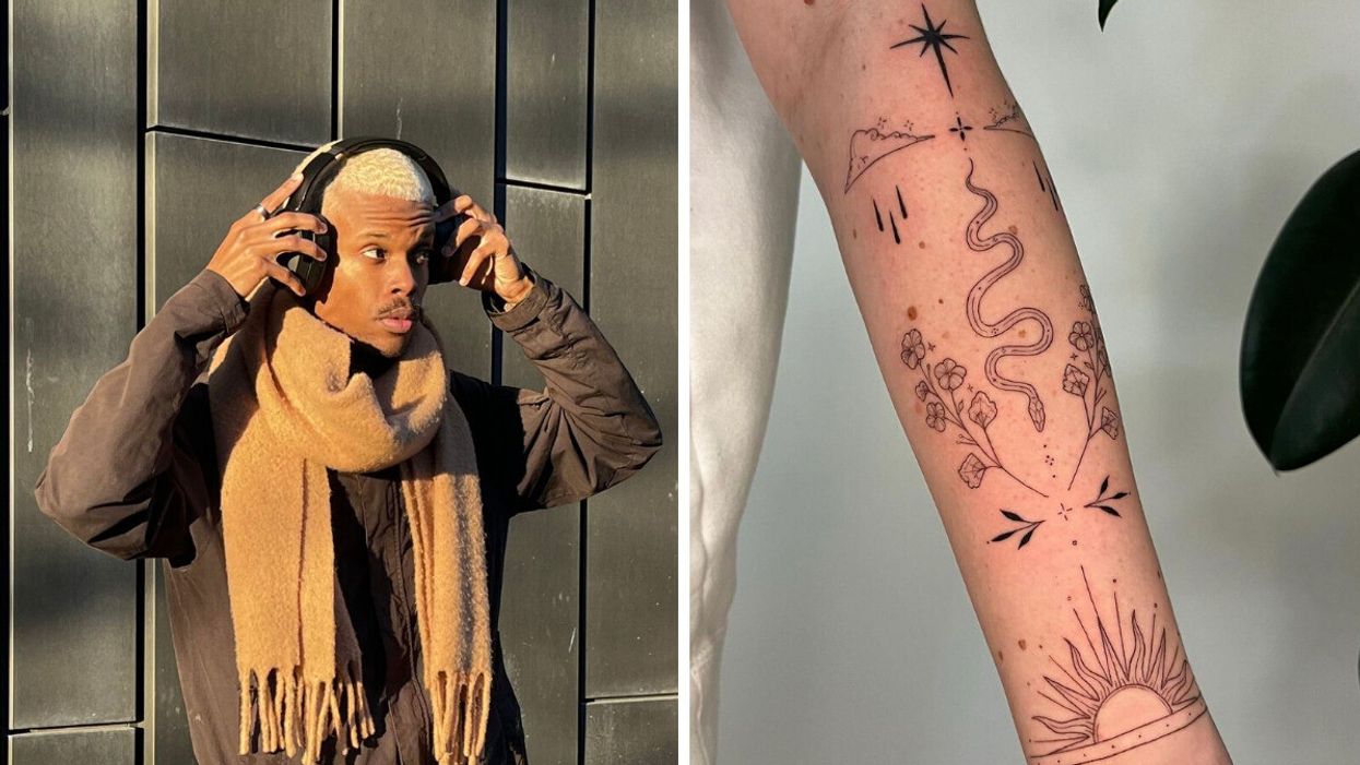 Jared Burton. Right: An arm with a Softboy tattoo.