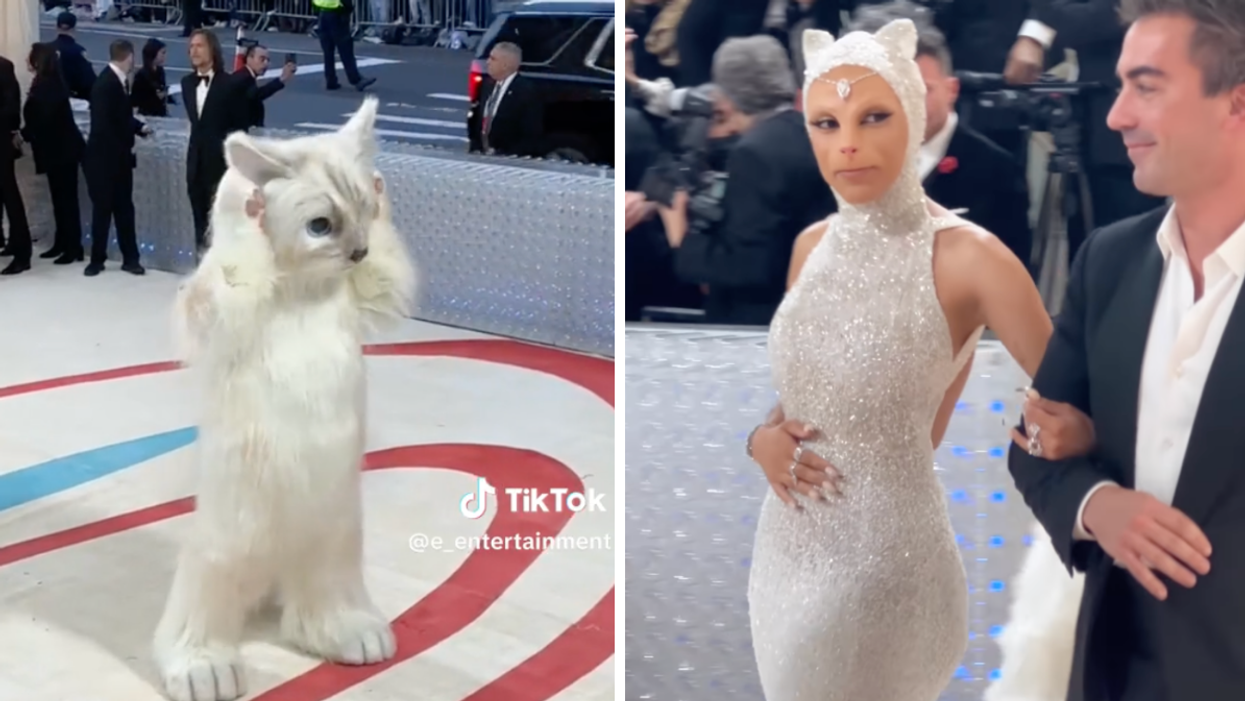 Jared Leto in a cat suit at the Met Gala. Right: Doja Cat in a cat-inspired outfit at the Met Gala.