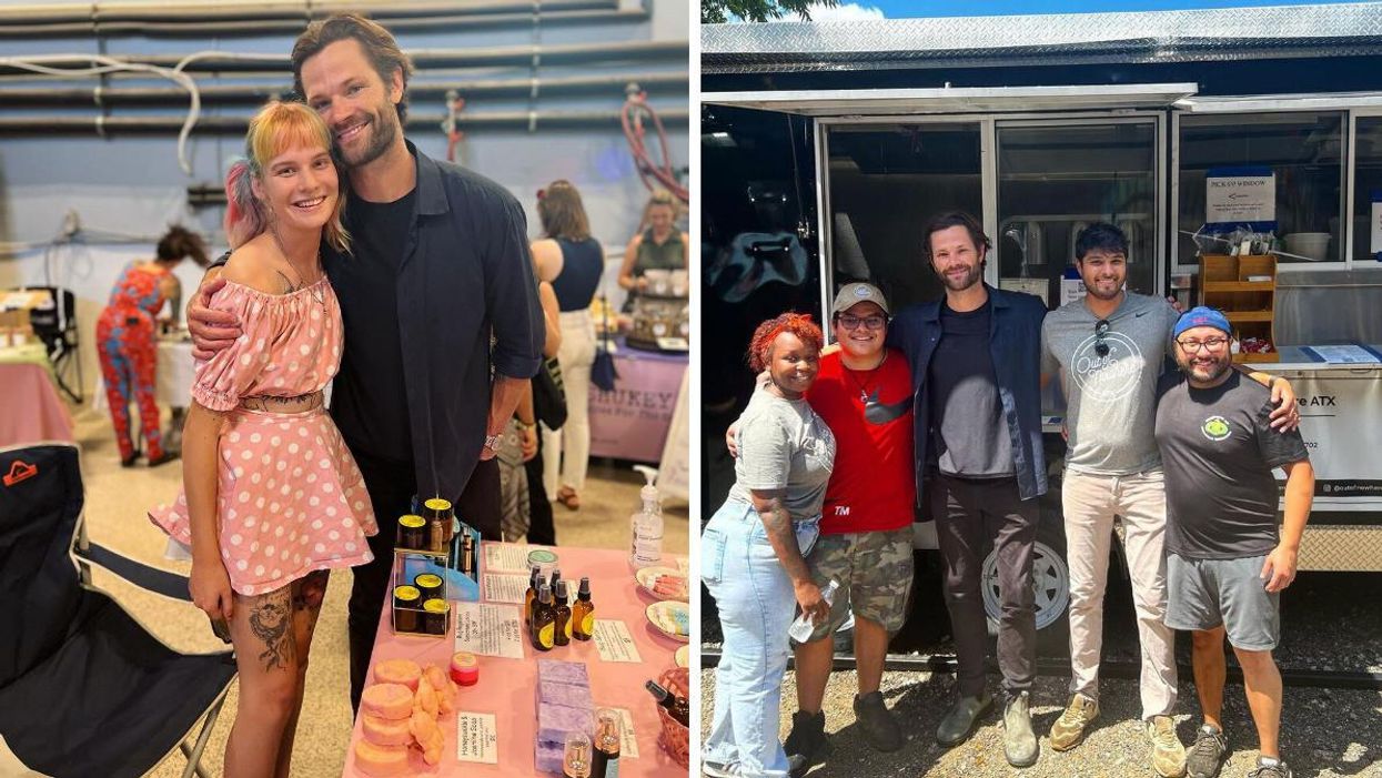 Jared Padaelcki with a fan at The Wandering Vegan Market in Austin, TX. Right: Jared Padalecki with fans outside a food truck.
