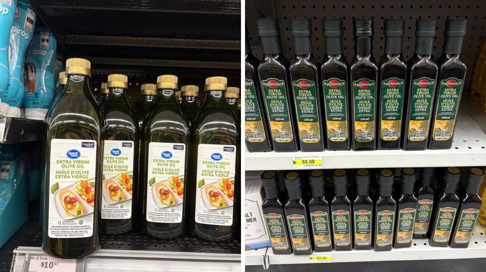 jars of Great Value extra virgin olive oil at Walmart. Right: jars of Buongusto extra virgin olive oil at Dollarama.