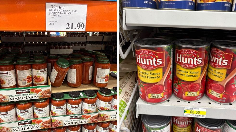 jars of kirkland signature marinara sauce at costco. right: cans of hunt's tomato sauce on shelves at dollarama
