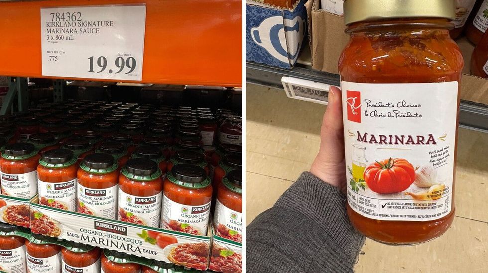 jars of kirkland signature marinara sauce at costco. right: person holding jar of president's choice marinara sauce at loblaws