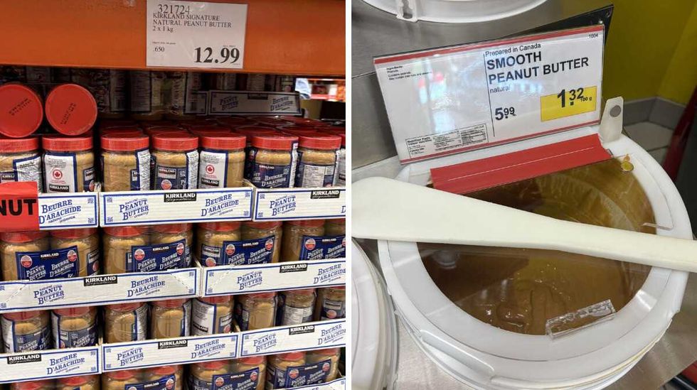 jars of Kirkland Signature natural peanut butter at Costco. Right: natural peanut butter at Bulk Barn.
