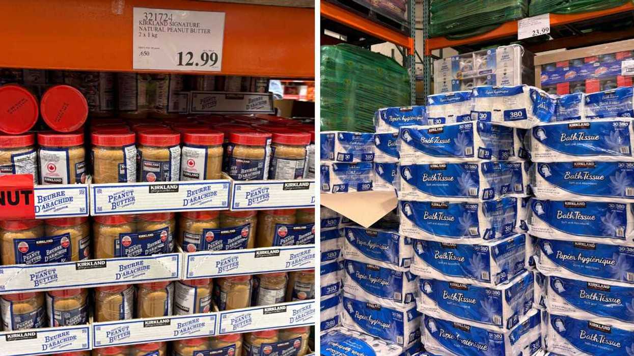 jars of kirkland signature natural peanut butter at costco. right: packs of kirkland signature toilet paper rolls at costco