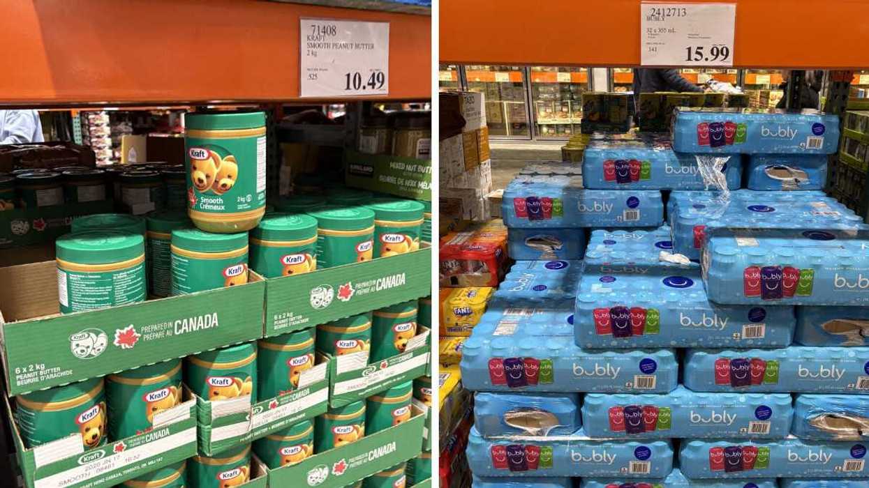 jars of kraft peanut butter at costco. right: cases of bubly water at costco