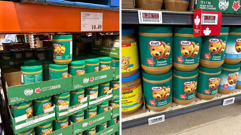 jars of Kraft peanut butter at Costco. Right: jars Kraft peanut butter on shelf at Loblaws
