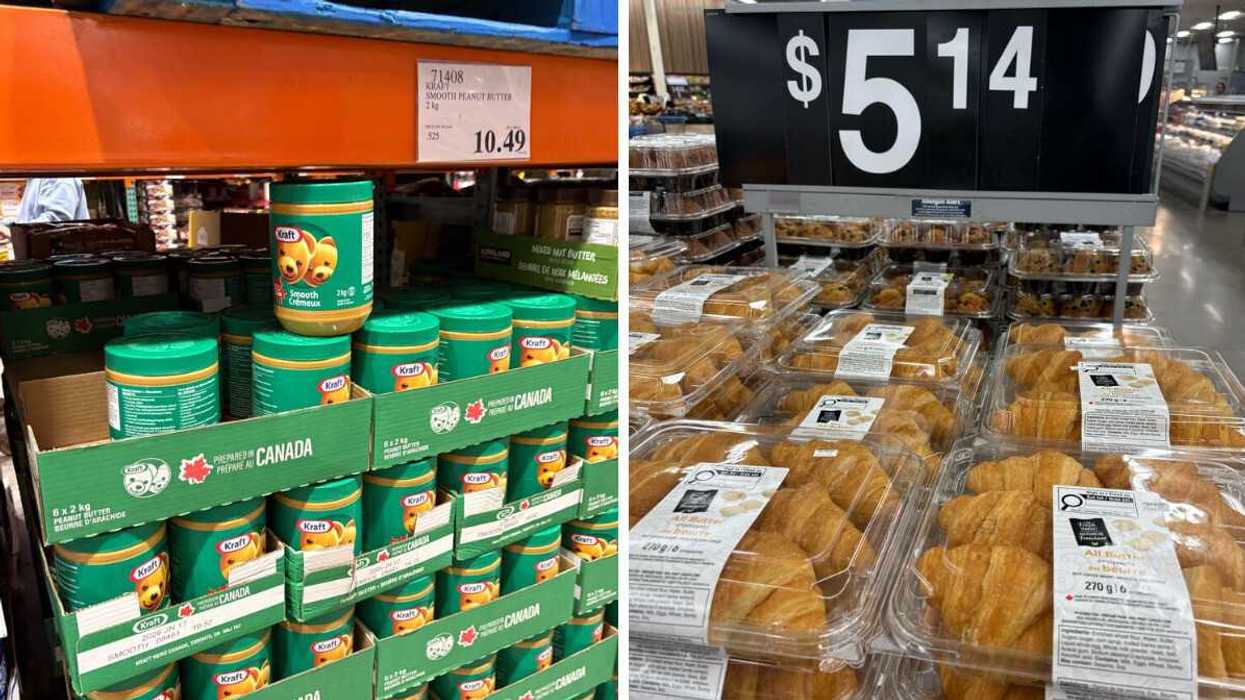 jars of kraft peanut butter at costco. right: packs of croissants at walmart