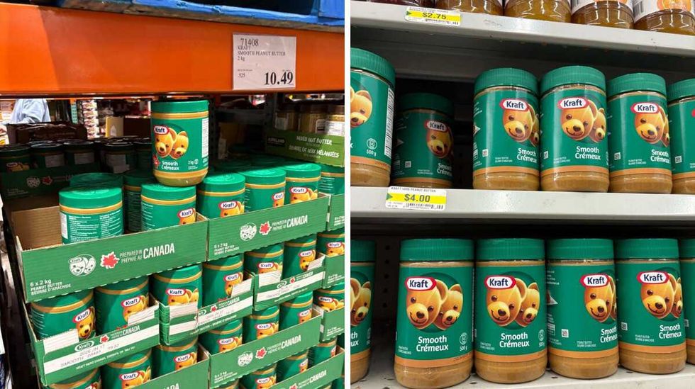 jars of Kraft peanut butter at Costco. \u200bRight: jars of Kraft peanut butter at Dollarama.