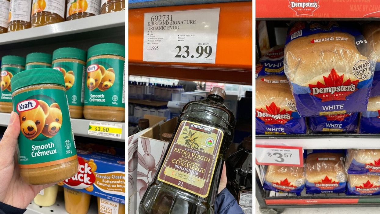 jars of kraft peanut butter at dollarama. centre: bottle of kirkland signature olive oil at costco. right: loaves of dempster's bread at walmart