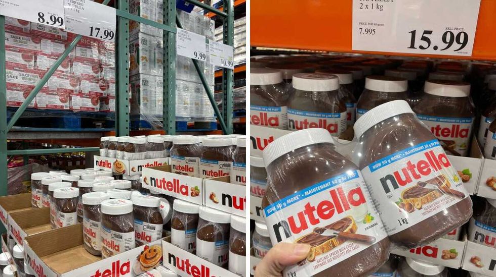 jars of nutella at costco. right: person holding jars of nutella at costco in 2023