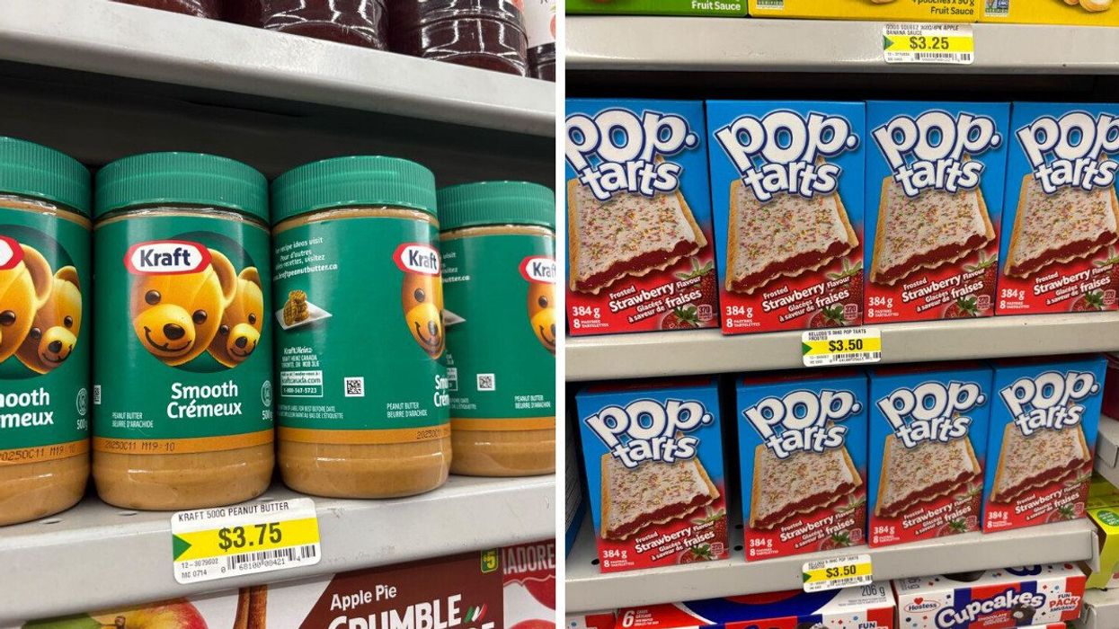 jars of peanut butter on shelf at dollarama. right: boxes of pop-tarts on shelves at dollarama