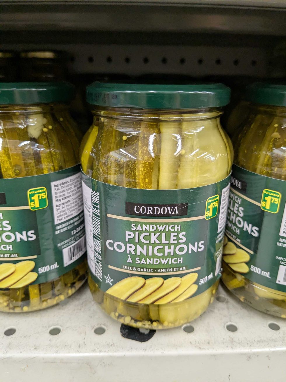 Jars of pickles on the shelf at Dollarama