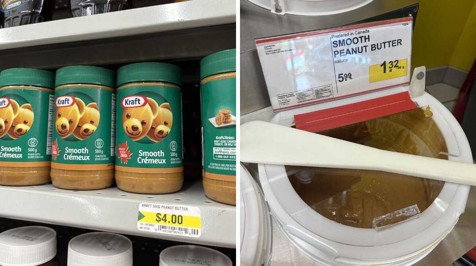 jars of \u200b\u200bKraft peanut butter at Dollarama. Right: Peanut butter at Bulk Barn
